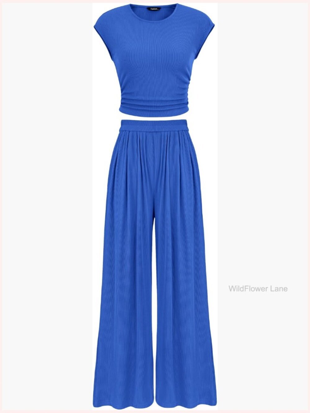 Cap Sleeve Ruched Crop Top Wide Leg Pants 2 Piece Set